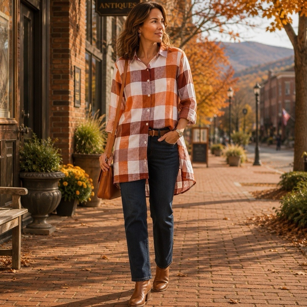 Soft Surroundings Carreaux Shirt Womens XL Orange Plaid Linen Tunic Zip Back
